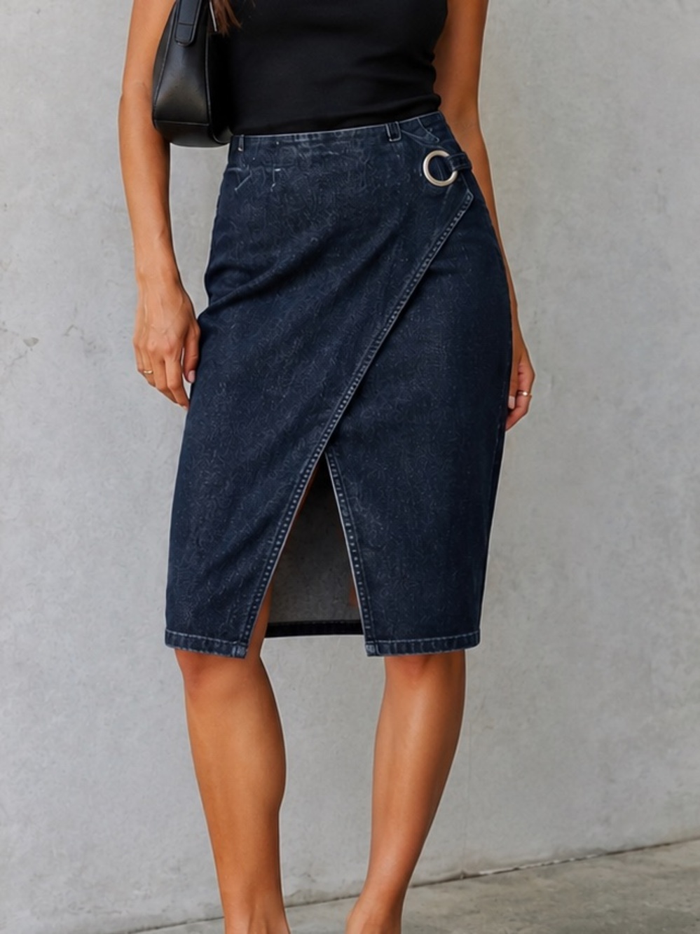 Dark Wash Denim Wrap Midi Skirt Ring Detail Y2K Minimalist Preppy Capsule